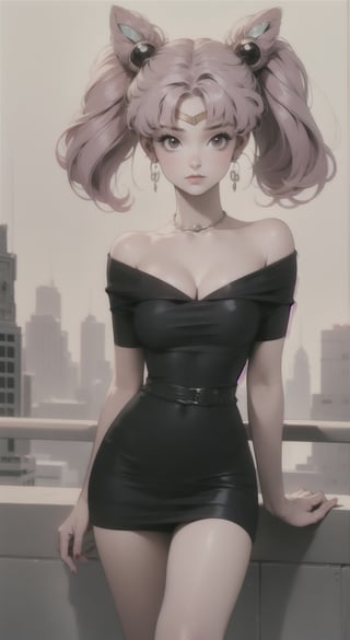 1girl, solo, breasts, dress, cleavage, closed mouth, earrings, sleeveless,
lips, casual dress, armlet, club dress, retro artstyle, city background, portrait, yofukashi background, short skirt, night city, whole body, legs, blurry_light_background,
bzsohee, rooftop, standing, off-shoulder,
dress, small breast, pink hair,
twin tails, sailor moon chibi