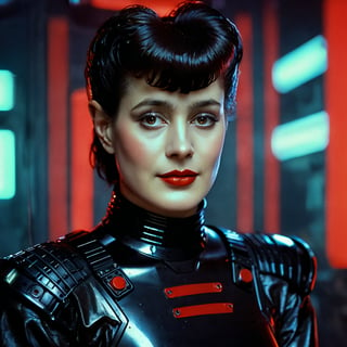 analog film still photography, Maria Sean Young, a woman with cyberpunk outfit, red lipstick, slightly smilling, cyberpunk dystopian background