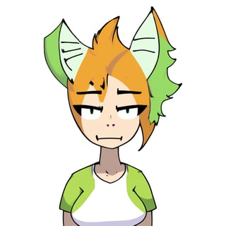 tsua5tyl3, a girl with a orange mohawk and a lime green shirt, animal ears, choker, thick eyebrows, solid white background