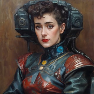 v0ng44g, p14nt1ng, oil painting, Maria Sean Young, a woman with cyberpunk outfit, red lipstick, slightly smilling, sat on a futuristic iron throne, by Van Gogh,v0ng44g