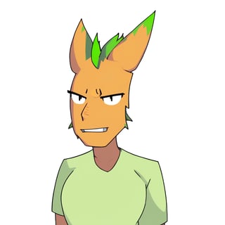 tsua5tyl3, a guy with a orange mohawk and a lime green shirt, animal ears, choker, thick eyebrows, sharp, solid white background