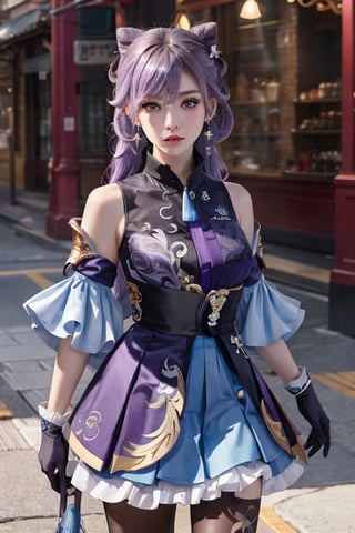 (masterpiece:1.2),best quality,cinematic lighting, Hyperrealism,photography, ultra highres, photorealistic, 8k, photos,hyperrealism, studio lighting, photography,
keqing (piercing thunderbolt) (genshin impact), keqing (genshin impact), pantyhose, hair bun, purple hair, gloves, twintails, long hair, purple eyes, diamond-shaped pupils, bare shoulders, hair ornament, black pantyhose, cone hair bun, detached sleeves,dress, jewelry, medium breasts, earrings, bangs, frills, purple dress, black gloves, braid, skirt,