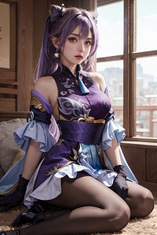 (masterpiece:1.2),best quality,cinematic lighting, Hyperrealism,photography, ultra highres, photorealistic, 8k, photos,hyperrealism, studio lighting, photography,
keqing (piercing thunderbolt) (genshin impact), keqing (genshin impact), pantyhose, hair bun, purple hair, gloves, twintails, long hair, purple eyes, diamond-shaped pupils, bare shoulders, hair ornament, black pantyhose, cone hair bun, detached sleeves,dress, jewelry, medium breasts, earrings, bangs, frills, purple dress, black gloves, braid, skirt, full_body, purple boots