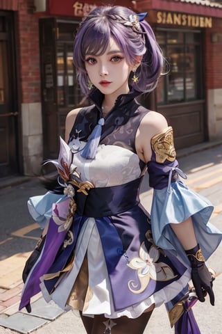 (masterpiece:1.2),best quality,cinematic lighting, Hyperrealism,photography, ultra highres, photorealistic, 8k, photos,hyperrealism, studio lighting, photography,
keqing (piercing thunderbolt) (genshin impact), keqing (genshin impact), pantyhose, hair bun, purple hair, gloves, twintails, long hair, purple eyes, diamond-shaped pupils, bare shoulders, hair ornament, black pantyhose, cone hair bun, detached sleeves,dress, jewelry, medium breasts, earrings, bangs, frills, purple dress, black gloves, braid, skirt,