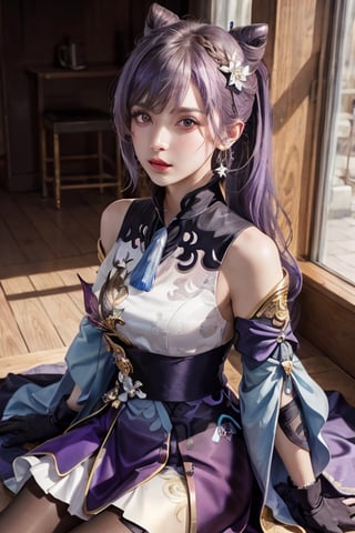 (masterpiece:1.2),best quality,cinematic lighting, Hyperrealism,photography, ultra highres, photorealistic, 8k, photos,hyperrealism, studio lighting, photography,
keqing (piercing thunderbolt) (genshin impact), keqing (genshin impact), pantyhose, hair bun, purple hair, gloves, twintails, long hair, purple eyes, diamond-shaped pupils, bare shoulders, hair ornament, black pantyhose, cone hair bun, detached sleeves,dress, jewelry, medium breasts, earrings, bangs, frills, purple dress, black gloves, braid, skirt,