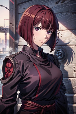 best quality, masterpiece, highres, solo,sole_female, 30 year old military female character, sharp features, calm expression, strict look, detailed, perfect shadows, short hair,brown hair, purple eyes, hair_between_eyes, sidelocks, jewelry, closed_mouth, ring, upper_body,samurai,shinobitech,aakana