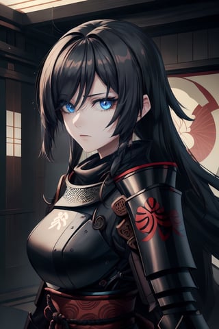 best quality, masterpiece, 1girl,older_female,highres, best quality, masterpiece, 1girl,highres,older_female,solo, blue_eyes,detailed blue eyes,scary gaze,sidelocks, closed_mouth, upper_body,hollow eyes,eyelashes, long black hair,hair_over_eye,hair over one eye,Shinobi,japanese armor,viewed_from_side,looking_at_viewer,looking to the side,yui,noir