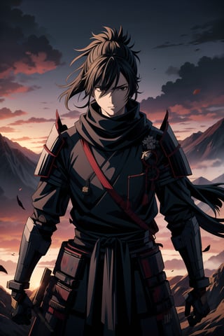 A 30 year old lone ronin stands resolute in twilight's hush, surrounded by wisps of ash-filled wind. His short ponytail blows slightly, framing pale skin and expressionless black eyes that seem to bore into the soul. Japanese armor encases his physique, with a black scarf wrapped around his neck and bandages visible beneath. He gazes intensely at the camera, hollow black eyes radiating an otherworldly glow. The composition is sharp, with the ronin centered against a backdrop of smoldering ash and darkened landscape, bathed in soft golden light.