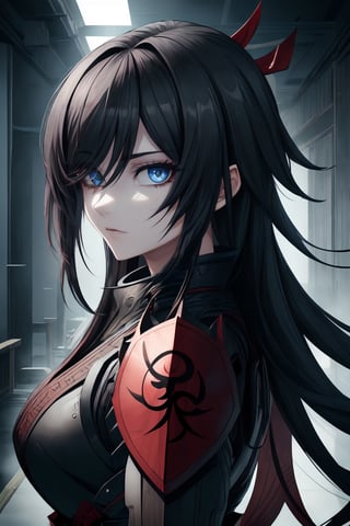 best quality, masterpiece, 1girl,older_female,highres, best quality, masterpiece, 1girl,highres,older_female,solo, blue_eyes,detailed blue eyes,scary gaze,sidelocks, closed_mouth, upper_body,hollow eyes,eyelashes, long black hair,hair_over_eye,hair over one eye,Shinobi,japanese armor,viewed_from_side,looking_at_viewer,looking to the side,yui,noir