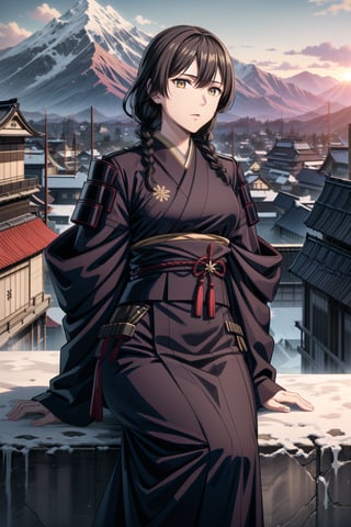 best quality, masterpiece, highres, solo,sole_female, 30 year old military female character, tall woman, soft features, detailed, perfect shadows, yellow eyes, braided long dark hair. she is wearing a dark blue kimono, Japanese armor with a snow flake badge on sleeve. scenery is on top of a mountain, small town behind, summer, warm, Japanese clan members behind her.,aimom