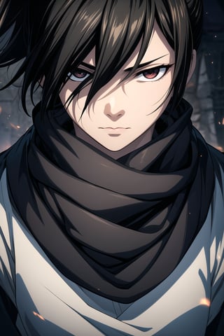 best quality, masterpiece, highres,1male,30 years old man,strong,solo,alone,ronin,sengoku_era,short ponytail hair,black_hair,japanese armor,samurai,extremely detailed eyes,black eyes,expression eyes,hollow eyes,glowing eyes, pale_skin, black scarf,souma_kyou, detailed eyes, light_particles, dust_particles, flying ashes,raging flames, wind blowing, emotionless,expressionless, hair_between_eyes, jewelry, closed_mouth, sharp focus, dramatic angle,portrait,looking_at_camera,(((close up face))), extreme close up shot, eyes shot, cinematic lighting, dramatic pose, dark background, face only,samurai,r1ge,hyakkimaru_dororo