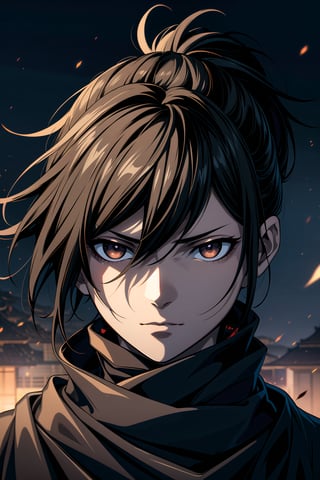 best quality, masterpiece, highres,1male,strong,solo,alone,ronin,sengoku_era,short ponytail hair,black_hair,japanese armor,samurai,extremely detailed eyes,black eyes,expression eyes,hollow eyes,glowing eyes, pale_skin, black scarf,souma_kyou, detailed eyes, light_particles, dust_particles, flying ashes,raging flames, wind blowing, emotionless,expressionless, hair_between_eyes, jewelry, closed_mouth, sharp focus, dramatic angle,portrait,looking_at_camera,(((close up face))), extreme close up shot, eyes shot, cinematic lighting, dramatic pose, dark background, face only,samurai,r1ge,hyakkimaru_dororo