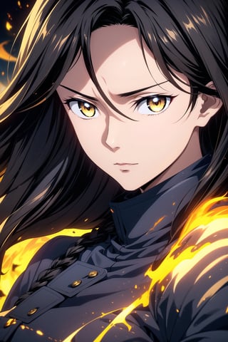 best quality, masterpiece, highres, solo,sole_female, 30 year old military female character, tall woman, soft features, detailed, perfect shadows, yellow eyes, braided long dark hair. she is wearing a dark blue outfit, Japanese armor,aimom, detailed eyes, light_particles, dust_particles, flying ashes,raging flames, wind blowing, expressionless, hair_between_eyes, jewelry, closed_mouth, sharp focus, dramatic angle,portrait,looking_at_camera,(((close up face))), extreme close up shot, eyes shot, cinematic lighting, dramatic pose, dark background, face only,samurai,r1ge, hair over shoulder, mature female
