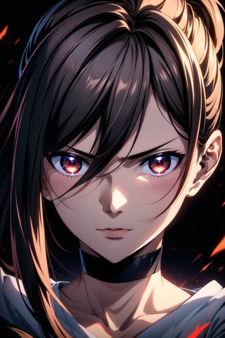 best quality, masterpiece, highres, solo, Yamada Asaemon Sagiri:1.15, brown hair, long hair,long ponytail, bangs, red_eyes, detailed eyes, light_particles, dust_particles, flying ashes, wind blowing, serious expression, hair_between_eyes, jewelry, closed_mouth, sharp focus, dramatic angle, portrait, looking_at_camera, (((close up face))), extreme close up shot, eyes shot, cinematic lighting, dramatic pose, dark background, face only,choker,samurai,sagiri,r1ge