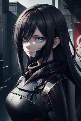best quality, masterpiece, 1girl,older_female,highres, best quality, masterpiece, 1girl,highres,older_female,solo, blue_eyes,detailed blue eyes,scary gaze,sidelocks, closed_mouth, upper_body,hollow eyes,eyelashes, long black hair,hair_over_eye,hair over one eye,Shinobi,japanese armor,viewed_from_side,looking_at_viewer,looking to the side,yui,noir