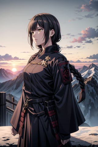 best quality, masterpiece, highres, solo,sole_female, 30 year old military female character, tall woman, soft features, detailed, perfect shadows, yellow eyes, braided long dark hair. she is wearing a dark blue outfit, Japanese armor with a snow flake badge on sleeve. scenery is on top of a mountain, small town behind, summer, warm, Japanese clan members behind her,cowboy_shot,aimom