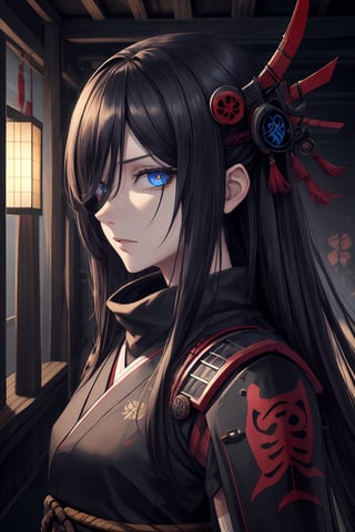 best quality, masterpiece, 1girl,older_female,highres, best quality, masterpiece, 1girl,highres,older_female,solo, blue_eyes,scary gaze,sidelocks, closed_mouth, upper_body,hollow eyes, long black hair,hair_over_eye,hair over one eye,Shinobi,japanese armor,viewed_from_side,looking_at_viewer,looking to the side