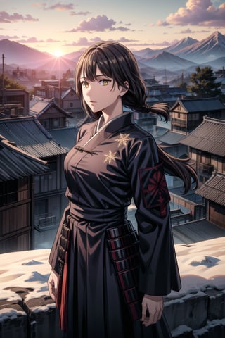 best quality, masterpiece, highres, solo,sole_female, 30 year old military female character, tall woman, soft features, detailed, perfect shadows, yellow eyes, braided long dark hair. she is wearing a dark blue outfit, Japanese armor with a snow flake badge on sleeve. scenery is on top of a mountain, small town behind, summer, warm, Japanese clan members behind her,cowboy_shot,aimom