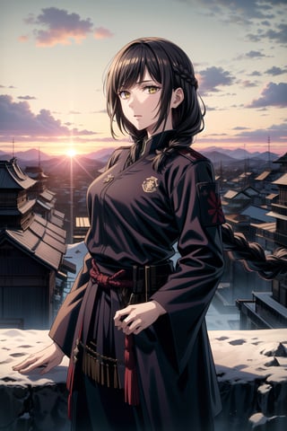 best quality, masterpiece, highres, solo,sole_female, 30 year old military female character, tall woman, soft features, detailed, perfect shadows, yellow eyes, braided long dark hair. she is wearing a dark blue outfit, Japanese armor with a snow flake badge on sleeve. scenery is on top of a mountain, small town behind, summer, warm, Japanese clan members behind her,cowboy_shot,aimom