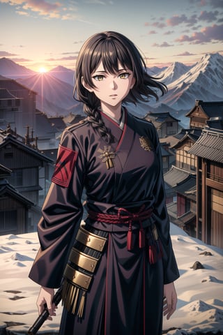 best quality, masterpiece, highres, solo,sole_female, 30 year old military female character, tall woman, soft features, detailed, perfect shadows, yellow eyes, braided long dark hair. she is wearing a dark blue outfit, Japanese armor with a snow flake badge on sleeve. scenery is on top of a mountain, small town behind, summer, warm, Japanese clan members behind her,cowboy_shot,aimom