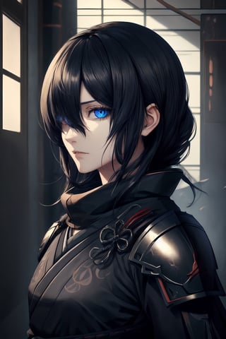 best quality, masterpiece, 1girl,older_female,highres, best quality, masterpiece, 1girl,highres,older_female,solo, blue_eyes,detailed blue eyes,scary gaze,sidelocks, closed_mouth, upper_body,hollow eyes, long black hair,hair_over_eye,hair over one eye,Shinobi,japanese armor,viewed_from_side,looking_at_viewer,looking to the side,izanamidef
