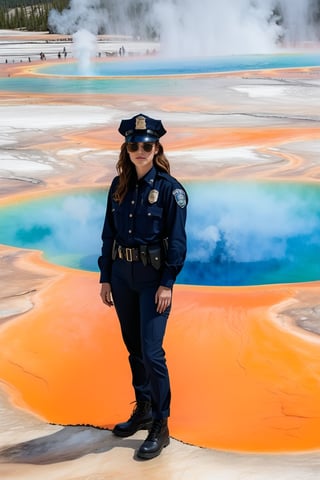 Hyper-Realistic photo of a beautiful LAPD police officer at Grand Prismatic Spring of Yellowstone, 20yo,1girl,solo,LAPD police uniform,cap,detailed exquisite face,soft shiny skin,smile,sunglasses,looking at viewer,Kristen Stewart lookalike,cap,fullbody:1.3
BREAK
backdrop:grandpr1smat1c,vivid color for Spring,orange mane-like soil around the pool,brown and white soil color,smoke from spring,brown and white color soil,1 spring,(girl focus),[cluttered maximalism]
BREAK
settings: (rule of thirds1.3),perfect composition,studio photo,trending on artstation,depth of perspective,(Masterpiece,Best quality,32k,UHD:1.4),(sharp focus,high contrast,HDR,hyper-detailed,intricate details,ultra-realistic,kodachrome 800:1.3),(cinematic lighting:1.3),(by Karol Bak$,Alessandro Pautasso$,Gustav Klimt$ and Hayao Miyazaki$:1.3),art_booster,photo_b00ster, real_booster,Ye11owst0ne