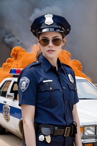 Hyper-Realistic photo of a beautiful LAPD police officer,20yo,1girl,solo,LAPD police uniform,cap,detailed exquisite face,soft shiny skin,smile,sunglasses,looking at viewer,Kristen Stewart lookalike,cap,fullbody:1.3
BREAK
backdrop:grandpr1smat1c,vivid color for Spring,orange mane-like soil around the pool,brown and white soil color,smoke from spring,brown and white color soil,1 spring,police car,(girl focus),[cluttered maximalism]
BREAK
settings: (rule of thirds1.3),perfect composition,studio photo,trending on artstation,depth of perspective,(Masterpiece,Best quality,32k,UHD:1.4),(sharp focus,high contrast,HDR,hyper-detailed,intricate details,ultra-realistic,kodachrome 800:1.3),(cinematic lighting:1.3),(by Karol Bak$,Alessandro Pautasso$,Gustav Klimt$ and Hayao Miyazaki$:1.3),art_booster,photo_b00ster, real_booster,Ye11owst0ne