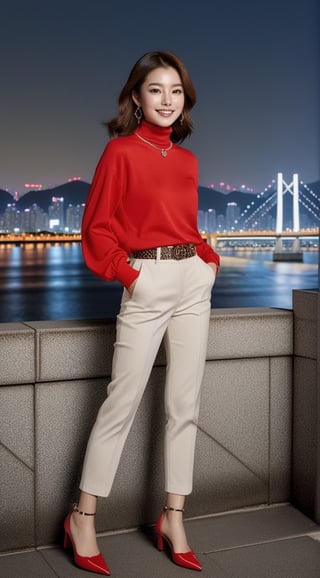 Hyper-Realistic photo of a girl,20yo,1girl,perfect female form,perfect body proportion,perfect anatomy,detailed exquisite face,soft shiny skin,smile,mesmerizing,short hair,small earrings,necklaces,elegant jacket,red color,louis vuitton bag
BREAK
backdrop of a beautiful night scene of Han River in Seoul,Korea,bridge,buildings with lights,Han River,mountain,Namsan Tower,(fullbody:1.3),(distant view:1.2),(heels:1.3),(model pose)
BREAK
(rule of thirds:1.3),perfect composition,studio photo,trending on artstation,(Masterpiece,Best quality,32k,UHD:1.5),(sharp focus,high contrast,HDR,hyper-detailed,intricate details,ultra-realistic,award-winning photo,ultra-clear,kodachrome 800:1.3),(chiaroscuro lighting,soft rim lighting:1.2),by Karol Bak,Antonio Lopez,Gustav Klimt and Hayao Miyazaki,photo_b00ster,real_booster,ani_booster,kim youjung,kim_heesun