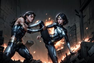 wonder women fighting against many monsters in the base BREAK wonder women hitting faces and kicking bodies of monsters BREAK fires everywhere in the base BREAK  (masterpiece, best quality, ultra-detailed, 8K, realistic:1.2, intricate:1.2, rule of thirds), cinematic lighting, night, (dark environment)
