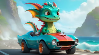 a cute dragon boy,driving a cute muscle car with tuned large wheels on a highway,wearing goggles,ocean backdrop,highly detailed,cinematic lighting,rule of thirds,depth of perspective,trending on artstation,wide shot,dragon_h,art_booster,real_booster