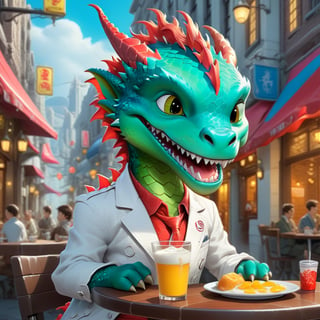 Cartoon: a very cute and young-looking dragon boy,eating American breakfast in a restaurant happily,cheerful,white jacket,(complex city street backdrop),cinematic lighting,rule of thirds,depth of perspective,trending on artstation,(hyper-realistic,Ultra-detailed,sharp focus,high contrast,HDR,masaterpiece,RAW photo),(fullbody:1.3),dragon_h,art_booster, real_booster,H effect