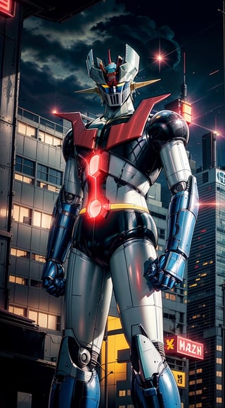 (masterpiece,best quality,ultra-detailed,8K,intricate, realistic,cinematic lighting),Generate AI art portraying the majestic Mazinger robot in a futuristic cyberpunk cityscape. Picture Mazinger with sleek and intricate details, seamlessly blending with the high-tech aesthetic of the metropolis. Illuminate the scene with vibrant neon lights, casting dynamic reflections on Mazinger's polished surface. Capture the power and presence of the robot, standing tall amidst the towering skyscrapers and futuristic elements. Utilize a bold color palette and sharp contrasts to enhance the cyberpunk ambiance, creating a visually striking depiction of Mazinger in the futuristic city.afrodit4 robot,mazinger