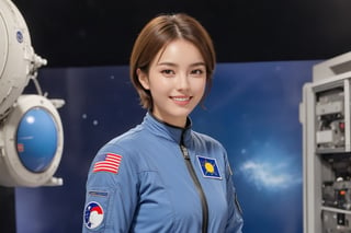 Hyper-Realistic photo of a beautiful girl,20yo,1girl,perfect female form,perfect body proportion,perfect anatomy,blue space suit,detailed exquisite face,soft shiny skin,smile,mesmerizing,short hair
BREAK
(backdrop of space station,indoors,windows,dark space),(fullbody:1.2),[[cluttered maximalism]]
BREAK
(rule of thirds:1.3),perfect composition,studio photo,trending on artstation,(Masterpiece,Best quality,32k,UHD:1.5),(sharp focus,high contrast,HDR,hyper-detailed,intricate details,ultra-realistic,award-winning photo,ultra-clear,kodachrome vintage:1.3),(chiaroscuro lighting,soft rim lighting:1.2),by Karol Bak,Gustav Klimt and Hayao Miyazaki, photo_b00ster,real_booster, art_booster,han-hyoju-xl