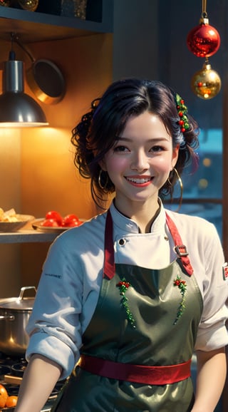 "Generate an image of a young woman (23 years old) cooking a delicious meal in the kitchen on Christmas Eve. She is immersed in the culinary process, gracefully handling ingredients and pots on the stove. The warm glow of the oven illuminates her focused expression, and the festive atmosphere is accentuated by Christmas decorations in the kitchen. The woman wears a stylish apron and chef's hat, adding flair to her festive cooking attire. Surrounding her are holiday-themed ingredients, and the aromas of Christmas spices fill the air. The scene captures the joy and warmth of Christmas, blending culinary artistry with the spirit of the festive season." BREAK

(masterpiece,best quality,ultra-detailed,8K,intricate, realistic:1.3),(full body, wide shot:1.3),smile,black hair, earrings,jewelry, shiny skin, detailed exquisite face,rembrandt lighting,1 girl,Color Booster, leonardo,style,cyberpunk style,greg rutkowski,cyberpunk,kwon-nara