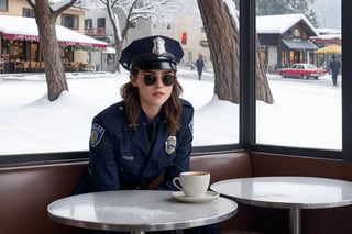 Hyper-Realistic photo of a beautiful LAPD police officer sitting in a cafe in winter resort,20yo,1girl,solo,LAPD police uniform,cap,detailed exquisite face,soft shiny skin,smile,looking at viewer,Kristen Stewart lookalike,cap,sunglasses,fullbody:1.3
BREAK
backdrop:cafe,table,coffee mug,window,snow,road,police car,tree,girl focus,[cluttered maximalism]
BREAK
settings: (rule of thirds1.3),perfect composition,studio photo,trending on artstation,depth of perspective,(Masterpiece,Best quality,32k,UHD:1.4),(sharp focus,high contrast,HDR,hyper-detailed,intricate details,ultra-realistic,kodachrome 800:1.3),(cinematic lighting:1.3),(by Karol Bak$,Alessandro Pautasso$,Gustav Klimt$ and Hayao Miyazaki$:1.3),art_booster,photo_b00ster, real_booster,w1nter res0rt