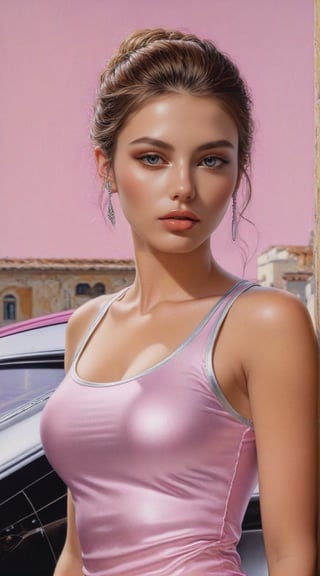 Hyper-realistic portrait of a sophisticated girl,20yo,leaning on a sports car,alluring neighbor's wife,clear facial features,detailed exquisite face,perfect female form,model body,short skirt tank top,(detailed city street backdrop),(Silver Meteor,Persian Pink,Black Mahogany,Cream Caramel color),
studio photo,trending on artstation,perfect composition,(Hyper-realistic photography,Masterpiece,HDR,Hyper-detailed,intricate details,oc rendering,8K,Kodakchome 800:1.2),cinematic lighting,pen and ink,by Karol Bak and Gustav Klimt,real_booster, art_booster,ani_booster,H effect