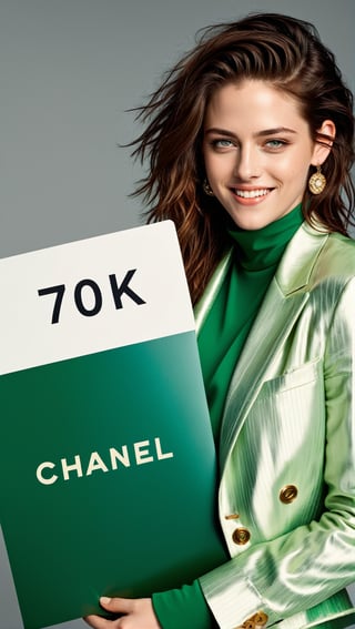 Ultra-realistic photo of Kristen Stewart,20yo,holding in a post sign saying TEXT "70KK Thanks",elegant jacket and shirt,[Modern Green and Cream color],jewelry,chanel,prada,smile,cluttered maximalism
BREAK
(rule of thirds:1.3),perfect composition,depth of perspective,studio photo,trending on artstation,(Masterpiece,Best quality,UHD,32K:1.4),(sharp focus,high contrast,hyper-detailed,award-winning photo,HDR,Kodachrome 800:1.3),(chiaroscuro lighting:1.3),by Karol Bak,Gustav Klimt and Hayao Miyazaki,art_booster, real_booster,photo_b00ster,ani_booster,text as "",Text