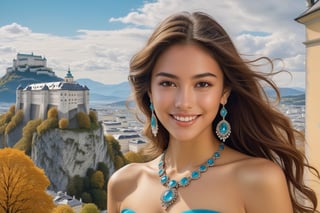 Hyper-Realistic photo of a brazilian girl,20yo,1girl,perfect female form,perfect body proportion,perfect anatomy,cyan color,elegant dress,detailed exquisite face,soft shiny skin,smile,mesmerizing,disheveled long hair,small earrings,necklaces
BREAK
(backdrop of a the iron fortress built in 1077. It is the largest castle in Europe, located in the highest part of Salzburg's old town. Thanks to its sturdy construction, it has never been invaded, so you can see the Hohensalzburg Fortress in its original form:1.2),(fullbody:1.2),(highheels:1.2),girl focus
BREAK
(rule of thirds:1.3),perfect composition,studio photo,trending on artstation,(Masterpiece,Best quality,32k,UHD:1.5),(sharp focus,high contrast,HDR,hyper-detailed,intricate details,ultra-realistic,award-winning photo,ultra-clear,kodachrome 800:1.3),(chiaroscuro lighting,soft rim lighting:1.2),by Karol Bak,Gustav Klimt and Hayao Miyazaki,real_booster, photo_b00ster,ani_booster,art_booster