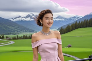 Hyper-Realistic photo of a girl,20yo,1girl,perfect female form,perfect body proportion,perfect anatomy,[Silver Meteor,Persian Pink,Black Mahogany,Cream Caramel color],elegant dress,detailed exquisite face,soft shiny skin,smile,mesmerizing,short hair,small earrings,necklaces,Chanel bag,cluttered maximalism
BREAK
(backdrop of lamarva11ey,outdoors,sky,day, cloud,tree,cloudy sky,grass,nature,beautiful scenery,mountain,winding road,landscape,american bisons),(girl focus:1.2)
BREAK
(rule of thirds:1.3),perfect composition,studio photo,trending on artstation,(Masterpiece,Best quality,32k,UHD:1.4),(sharp focus,high contrast,HDR,hyper-detailed,intricate details,ultra-realistic,award-winning photo,ultra-clear,kodachrome 800:1.25),(infinite depth of perspective:2),(chiaroscuro lighting,soft rim lighting:1.15),by Karol Bak,Antonio Lopez,Gustav Klimt and Hayao Miyazaki,photo_b00ster,real_booster,art_booster,Ye11owst0ne,ct-goeuun