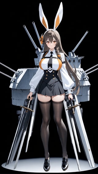 Hyper-Detailed Anime of Chikuma \(Azur Lane\),1girl, solo, long hair, breasts, looking at viewer, bangs, skirt, large breasts, simple background, brown hair, black hair, hair ornament, thighhighs, long sleeves, holding, animal ears, full body, weapon, braid, pleated skirt, necktie, sword, black thighhighs, black skirt, holding weapon, rabbit ears, mole, zettai ryouiki, orange eyes, single braid, sideboob, holding sword, katana, black background, mole under mouth, machinery, high-waist skirt, turret, rigging,simple background,cluttered maximalism
BREAK
(rule of thirds:1.3),(thick drawing lines:1.3),perfect composition,studio photo,trending on artstation,(Masterpiece,Best quality,32k,UHD,sharp focus,high contrast,HDR,hyper-detailed,intricate details,ultra-clear:1.3),(cinematic lighting),by Karol Bak,Gustav Klimt and Hayao Miyazaki,ani_booster,real_booster,art_booster
