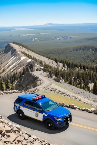 Hyper-Realistic photo of a beautiful LAPD police officer at  Mount Washburn summit of Yellowstone,20yo,1girl, solo,LAPD police uniform,cap,detailed exquisite face,soft shiny skin,smile,sunglasses,looking at viewer,Kristen Stewart lookalike,cap,fullbody:1.3
BREAK
backdrop:Mount Washburn Summit \(wash9urn\) in Yellowstone,summit at eye level,outdoors,blue sky,day,rock,horizon,green mountain,landscape,trail,tree,police car,(girl focus:1.3),cluttered maximalism
BREAK
settings: (rule of thirds1.3),perfect composition,studio photo,trending on artstation,depth of perspective,(Masterpiece,Best quality,32k,UHD:1.4),(sharp focus,high contrast,HDR,hyper-detailed,intricate details,ultra-realistic,kodachrome 800:1.3),(cinematic lighting:1.3),(by Karol Bak$,Alessandro Pautasso$,Gustav Klimt$ and Hayao Miyazaki$:1.3),art_booster,photo_b00ster, real_booster,Ye11owst0ne