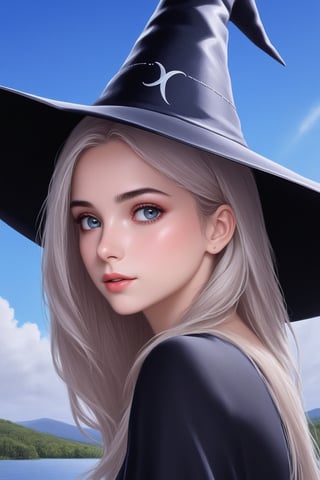 ((Ultra-Detailed)) halfbody portrait of a girl (wearing a witchhat:1.5),spanish girl,standing in front of a lake.1 girl,20yo,detailed exquisite face,soft shiny skin,playful smirks,detailed pretty eyes,glossy lips 
BREAK
[backdrop:beautiful lake,tree,autumn forest,blue sky,cloud],(girl focus)
BREAK 
(sharp focus,high contrast),studio photo,trending on artstation,(ultra-realistic,Super-detailed,intricate details,HDR,8K),chiaroscuro lighting,soft rim lighting,key light reflecting in the eyes,vibrant colors,by Karol Bak,Antonio Lopez,Gustav Klimt and Hayao Miyazaki,
(inkycapwitchyhat),real_booster,photo_b00ster,art_booster,ani_booster