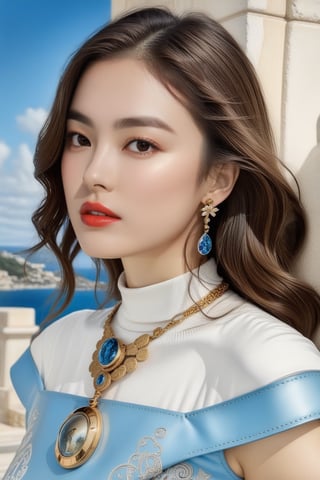 Hyper-Realistic photo of a girl,20yo,1girl,perfect female form,perfect body proportion,perfect anatomy,[azure and white color],elegant dress,detailed exquisite face,soft shiny skin,mesmerizing,detailed shiny dhort hair,small earrings,necklaces,Louis Vuitton bag,cluttered maximalism,simple backdrop with gradation
BREAK
(rule of thirds:1.3),perfect composition,studio photo,trending on artstation,(Masterpiece,Best quality,32k,UHD:1.4),(sharp focus,high contrast,HDR,hyper-detailed,intricate details,ultra-realistic,award-winning photo,ultra-clear,kodachrome 800:1.25),(chiaroscuro lighting,soft rim lighting:1.15),by Karol Bak,Antonio Lopez,Gustav Klimt and Hayao Miyazaki,photo_b00ster,real_booster,art_booster,song-hyegyo-xl