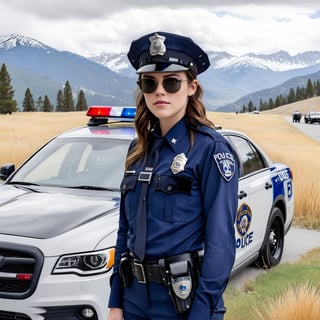 Hyper-Realistic photo of a beautiful LAPD police officer,20yo,1girl,solo,LAPD police uniform,cap,detailed exquisite face,soft shiny skin,smile,sunglasses,looking at viewer,Kristen Stewart lookalike,cap,fullbody:1.3
BREAK
backdrop:lamarva11ey,outdoors,sky,day, cloud,tree,cloudy sky,grass,nature, beautiful scenery,mountain,winding road,landscape, american bisons,police car,(girl focus),[cluttered maximalism]
BREAK
settings: (rule of thirds1.3),perfect composition,studio photo,trending on artstation,depth of perspective,(Masterpiece,Best quality,32k,UHD:1.4),(sharp focus,high contrast,HDR,hyper-detailed,intricate details,ultra-realistic,kodachrome 800:1.3),(cinematic lighting:1.3),(by Karol Bak$,Alessandro Pautasso$,Gustav Klimt$ and Hayao Miyazaki$:1.3),art_booster,photo_b00ster, real_booster,y0sem1te,Ye11owst0ne