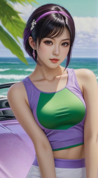 Highly detailed portrait of a japanese girl leaning on a sports car,20yo,alluring neighbor's wife,dark short haired,clear facial features,exquisite detailed symmetric face,detailed soft shiny skin,perfect female form,model body,playful smirks,short skirt tank top,detailed beach backdrop,studio photo,(Lilac Purple,Deep Coral,Green Gray,White Canvas color),trending on artstation,gothic art,mysterious,global illumination,detailed and intricate environment,(Hyper-realistic photography,Masterpiece, HDR,Hyper-detailed,intricate details,Kodakchome 800,sharp focus,high contrast:1.3),cinematic lighting,by Karol Bak and Gustav Klimt,real_booster, art_booster,H effect
