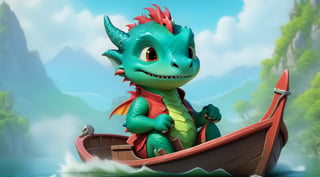 a cute dragon boy,driving a cute motor boat on a lake,beautiful lake backdrop,highly detailed,cinematic lighting,rule of thirds,depth of perspective,trending on artstation,wide shot,dragon_h,art_booster,real_booster