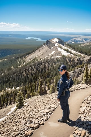 Hyper-Realistic photo of a beautiful LAPD police officer at  Mount Washburn summit of Yellowstone,20yo,1girl, solo,LAPD police uniform,cap,detailed exquisite face,soft shiny skin,smile,sunglasses,looking at viewer,Kristen Stewart lookalike,cap,fullbody:1.3
BREAK
backdrop:Mount Washburn Summit \(wash9urn\) in Yellowstone,summit at eye level,outdoors,blue sky,day,rock,horizon,green mountain,landscape,trail,tree,(girl focus:1.5),cluttered maximalism
BREAK
settings: (rule of thirds1.3),perfect composition,studio photo,trending on artstation,depth of perspective,(Masterpiece,Best quality,32k,UHD:1.4),(sharp focus,high contrast,HDR,hyper-detailed,intricate details,ultra-realistic,kodachrome 800:1.3),(cinematic lighting:1.3),(by Karol Bak$,Alessandro Pautasso$,Gustav Klimt$ and Hayao Miyazaki$:1.3),art_booster,photo_b00ster, real_booster,Ye11owst0ne