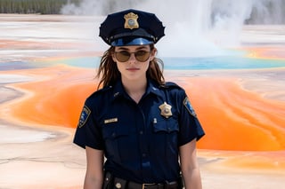 Hyper-Realistic photo of a beautiful LAPD police officer at Grand Prismatic Spring of Yellowstone, 20yo,1girl,solo,LAPD police uniform,cap,detailed exquisite face,soft shiny skin,smile,sunglasses,looking at viewer,Kristen Stewart lookalike,cap,fullbody:1.3
BREAK
backdrop:grandpr1smat1c,vivid color for Spring,orange mane-like soil around the pool,brown and white soil color,smoke from spring,brown and white color soil,1 spring,police car,(girl focus),[cluttered maximalism]
BREAK
settings: (rule of thirds1.3),perfect composition,studio photo,trending on artstation,depth of perspective,(Masterpiece,Best quality,32k,UHD:1.4),(sharp focus,high contrast,HDR,hyper-detailed,intricate details,ultra-realistic,kodachrome 800:1.3),(cinematic lighting:1.3),(by Karol Bak$,Alessandro Pautasso$,Gustav Klimt$ and Hayao Miyazaki$:1.3),art_booster,photo_b00ster, real_booster,Ye11owst0ne