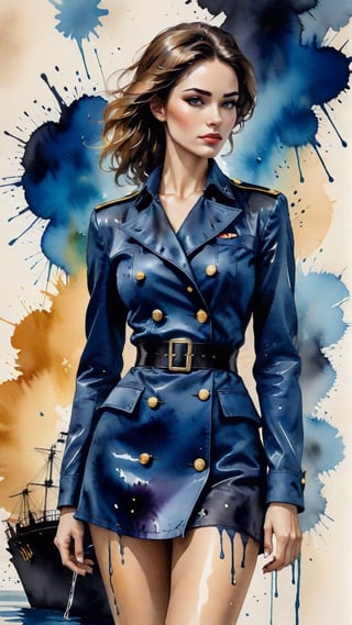 (alcohol ink watercolor art) of a beautiful 20yo US Navy officer in Navy uniform standing on a ship,exquisite face,perfect female form,model body,heels,backdrop of US Navy cruise ship in the ocean,sky,clouds
BREAK 
colorful splatters and ink stains backdrop,(Frank Miller's Sin City style:1.3),trending on artstation,CG society,(rule of thirds:1.3),art_booster,minimalist,amazing quality