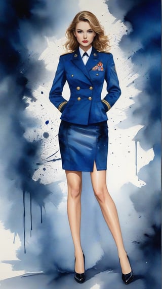 (alcohol ink watercolor art) of a beautiful 20yo US Navy officer in Navy uniform,model body,1girl,exquisite face,heels
BREAK 
colorful splatters and ink stains backdrop,(Frank Miller's Sin City style:1.3),trending on artstation,CG society,(rule of thirds:1.5),art_booster,minimalist,artint